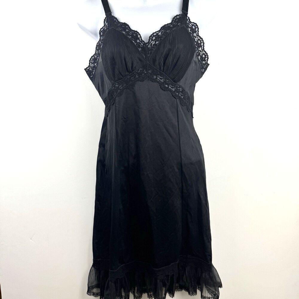 VTG 60s Movie Star Nylon Black Whimsygoth Slip Dress w Lace Ruffles, Sz. S